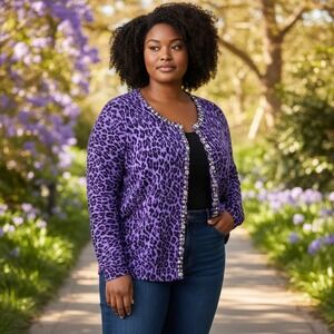 Quaker Factory Cardigan Sweater 3X Womens Purple Leopard Print Embellished